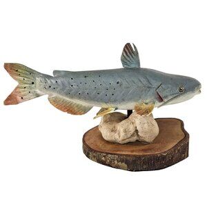 Handcrafted Catfish Wood Sculpture On Natural Base W L Bill Payne Folk Art Fish